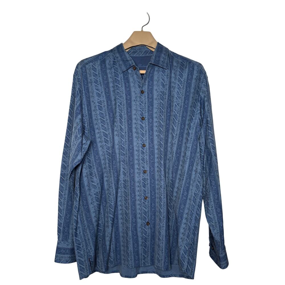 Tommy Bahama Men's Blue Damask Stripe Button Up Shirt Size XL Silk Cotton Blend